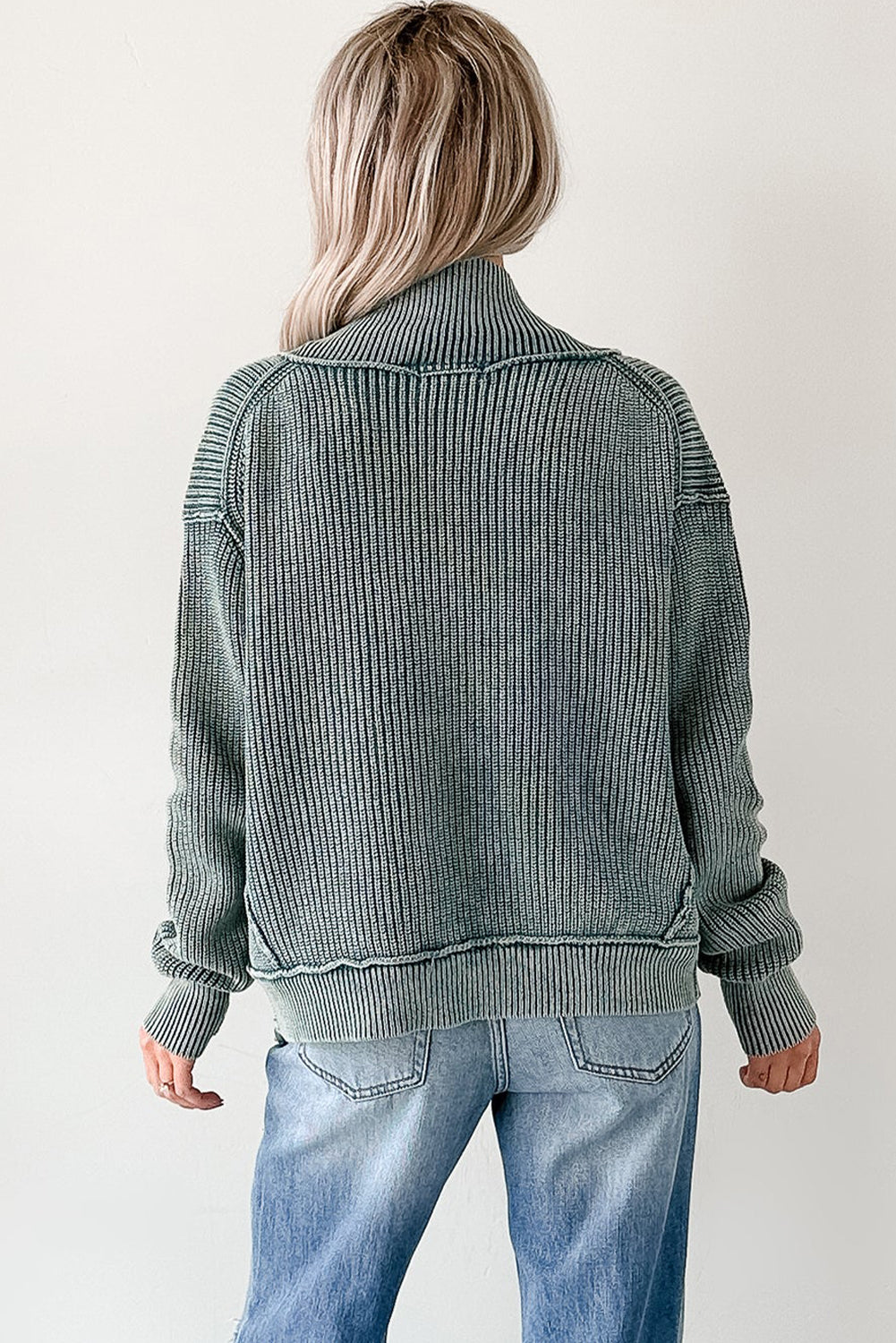 Evergreen Mineral Wash Exposed Seam Patchwork Knit Cardigan🩵